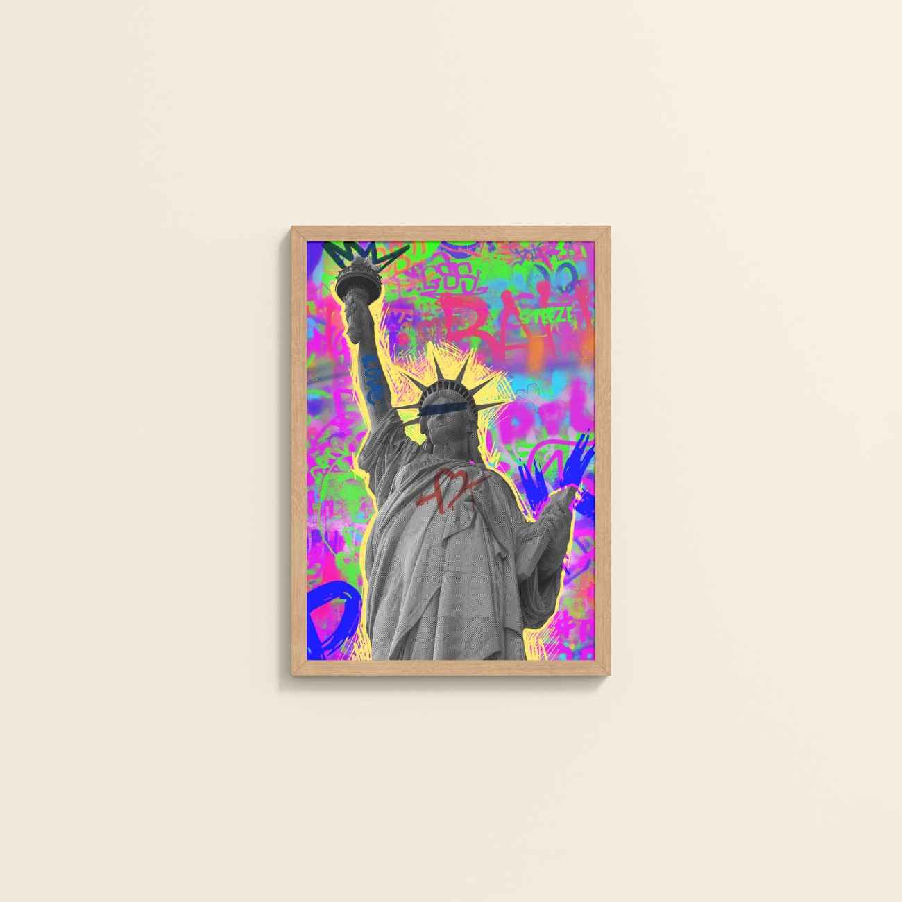 Wall View of Statue of Liberty in Graffiti Wall Art Frame in Natrual Color Frame