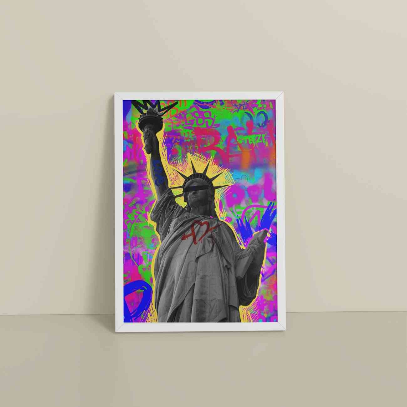 Floor View of Statue of Liberty in Graffiti Wall Art Frame in White Color Frame