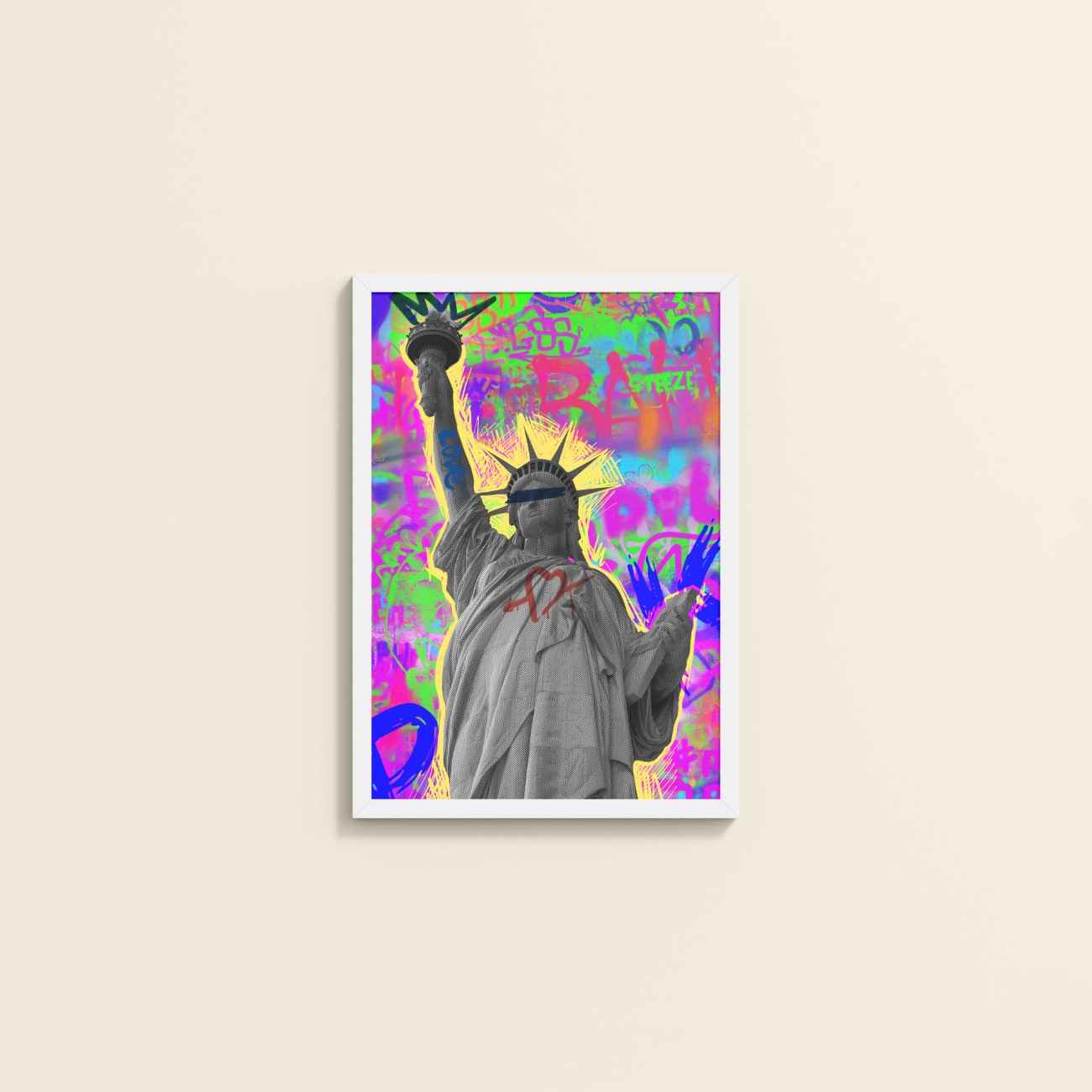 Wall View of Statue of Liberty in Graffiti Wall Art Frame in White Color Frame