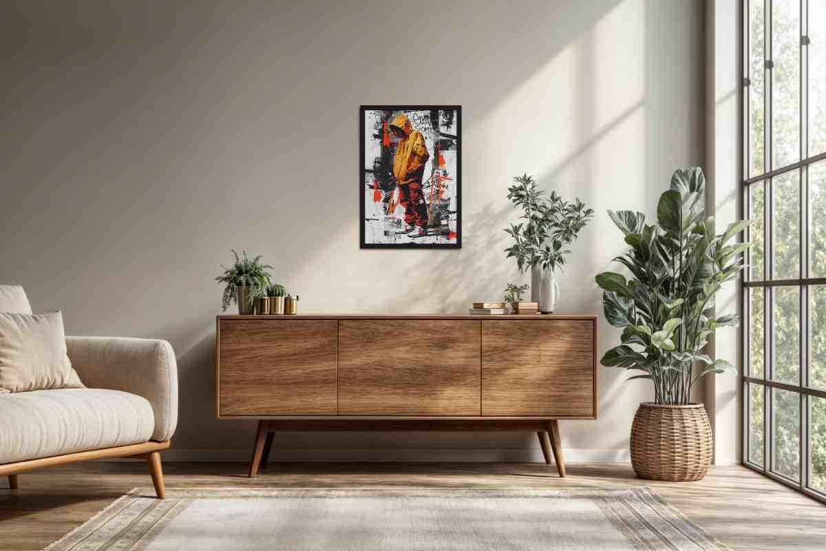 Living Room Cabinet Preview of Graffiti Ghost – Streetwear Shadow Wall Art Frame in Black Color Frame