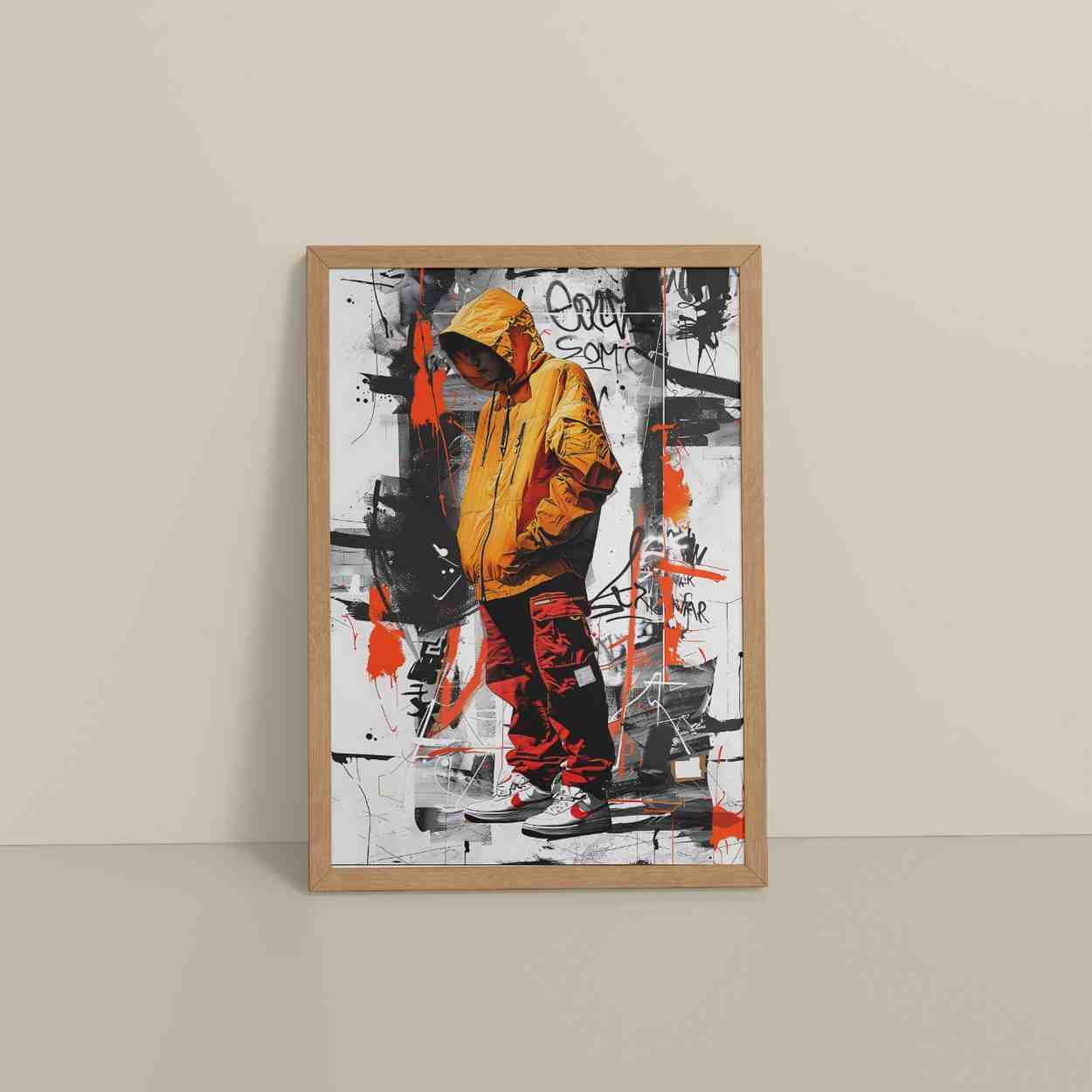 Floor View of Graffiti Ghost – Streetwear Shadow Wall Art Frame in Natrual Color Frame