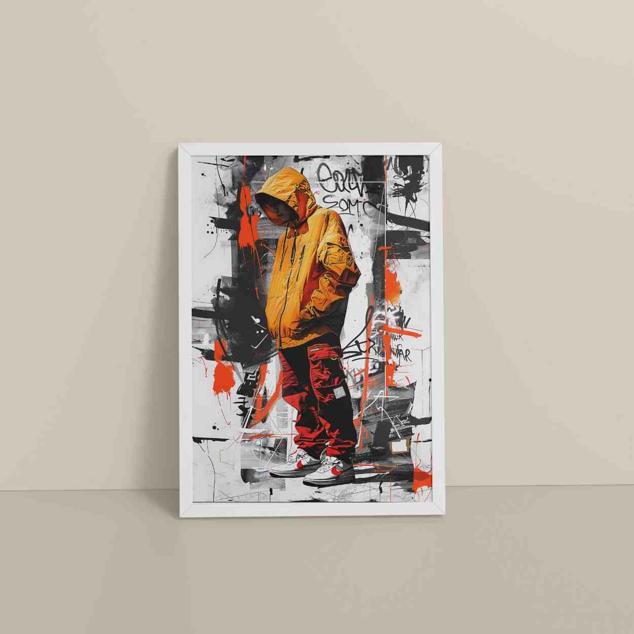 Floor View of Graffiti Ghost – Streetwear Shadow Wall Art Frame in White Color Frame