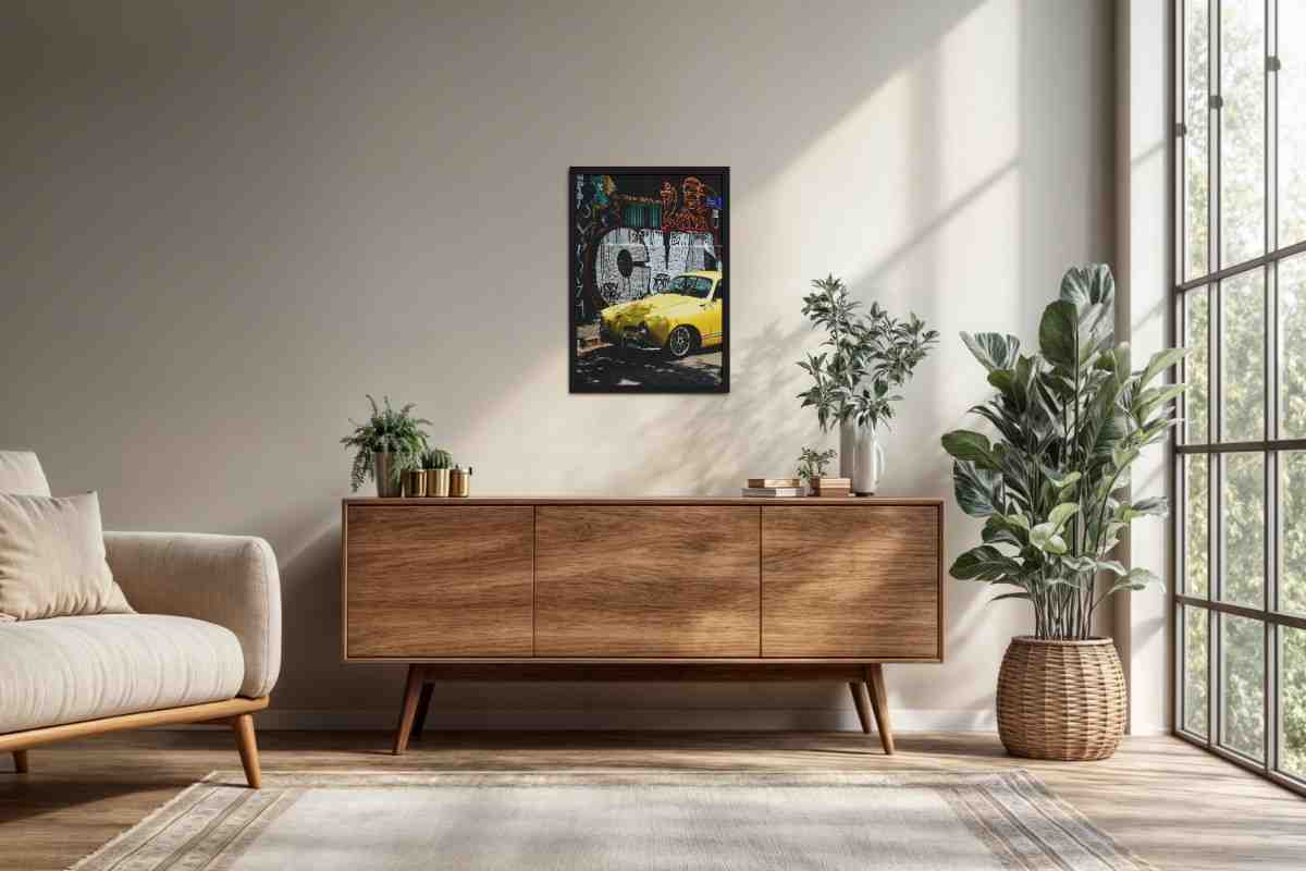 Living Room Cabinet Preview of Graffiti Ride – Car in Urban Art Photo Frame & Wall Decor in Black Color Frame