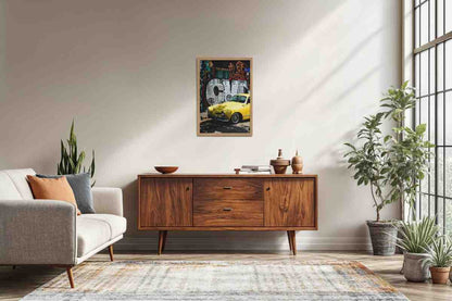 Living Room Sofa Preview of Graffiti Ride – Car in Urban Art Photo Frame & Wall Decor in Natrual Color Frame