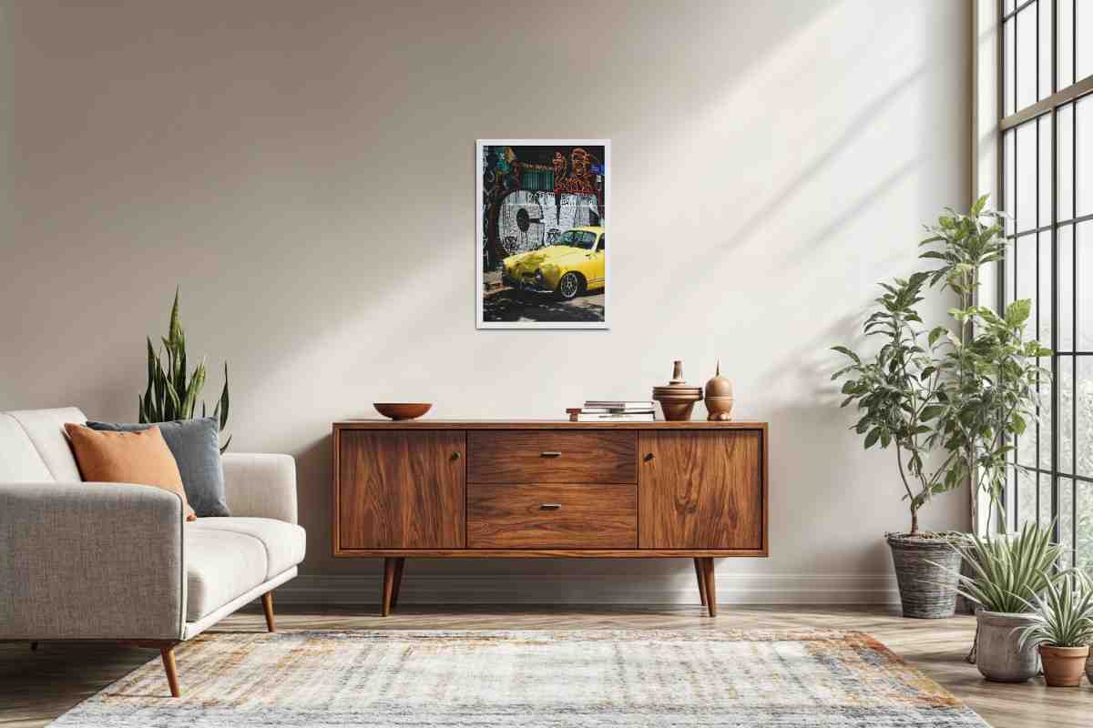 Living Room Sofa Preview of Graffiti Ride – Car in Urban Art Photo Frame & Wall Decor in White Color Frame
