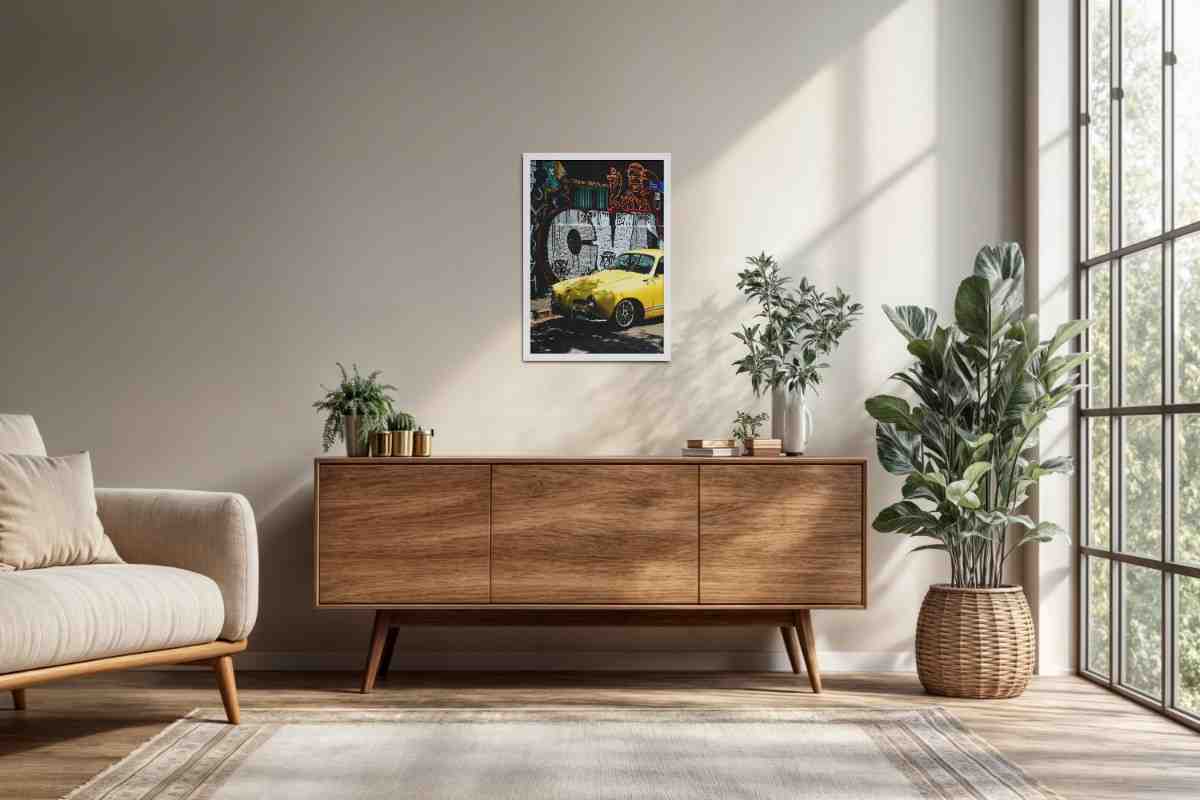 Living Room Cabinet Preview of Graffiti Ride – Car in Urban Art Photo Frame & Wall Decor in White Color Frame