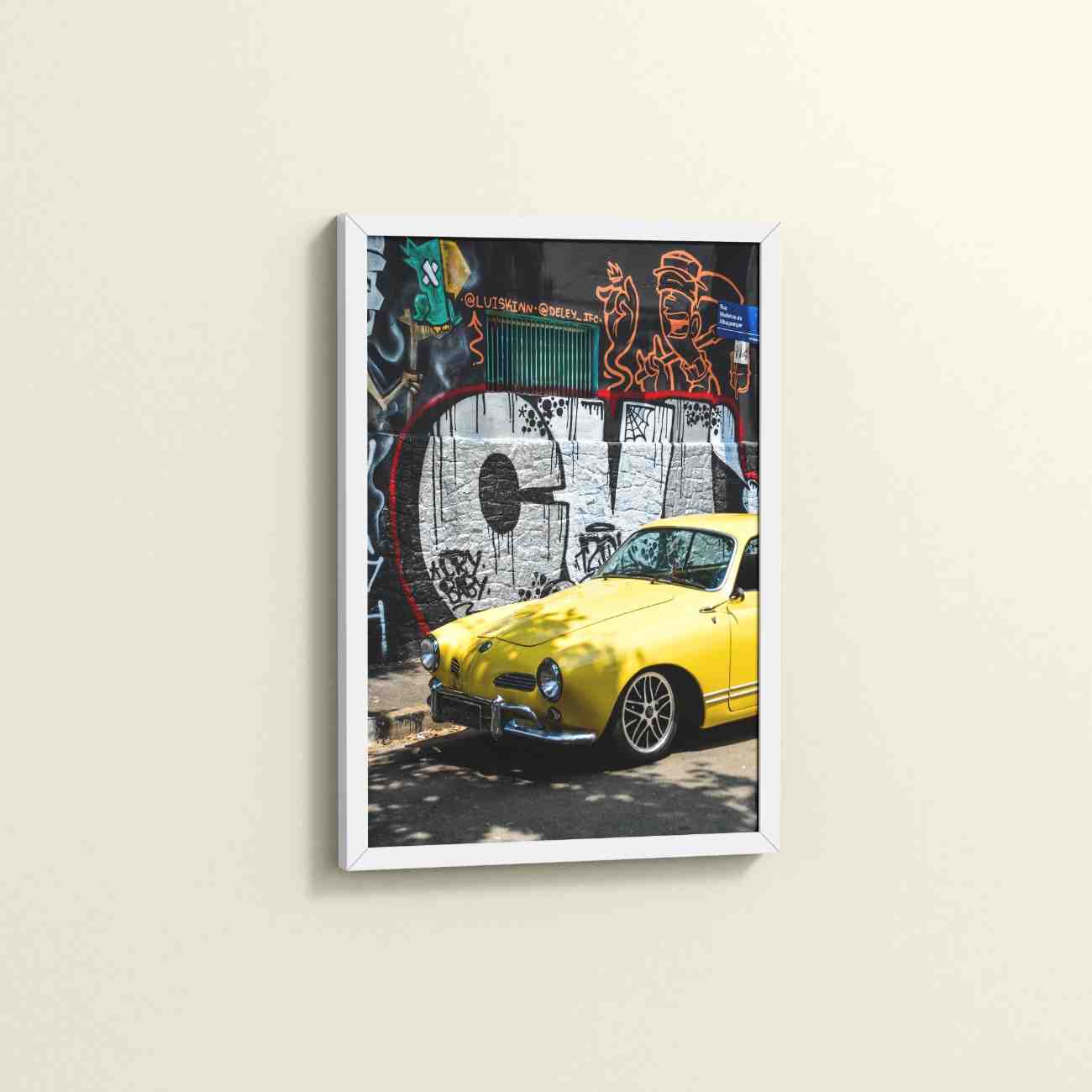 Side View of Graffiti Ride – Car in Urban Art Photo Frame & Wall Decor in White Color Frame