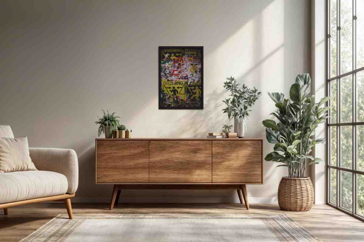 Living Room Cabinet Preview of Warning Vibes – Graffiti Image Merge Wall Art Frame in Black Color Frame