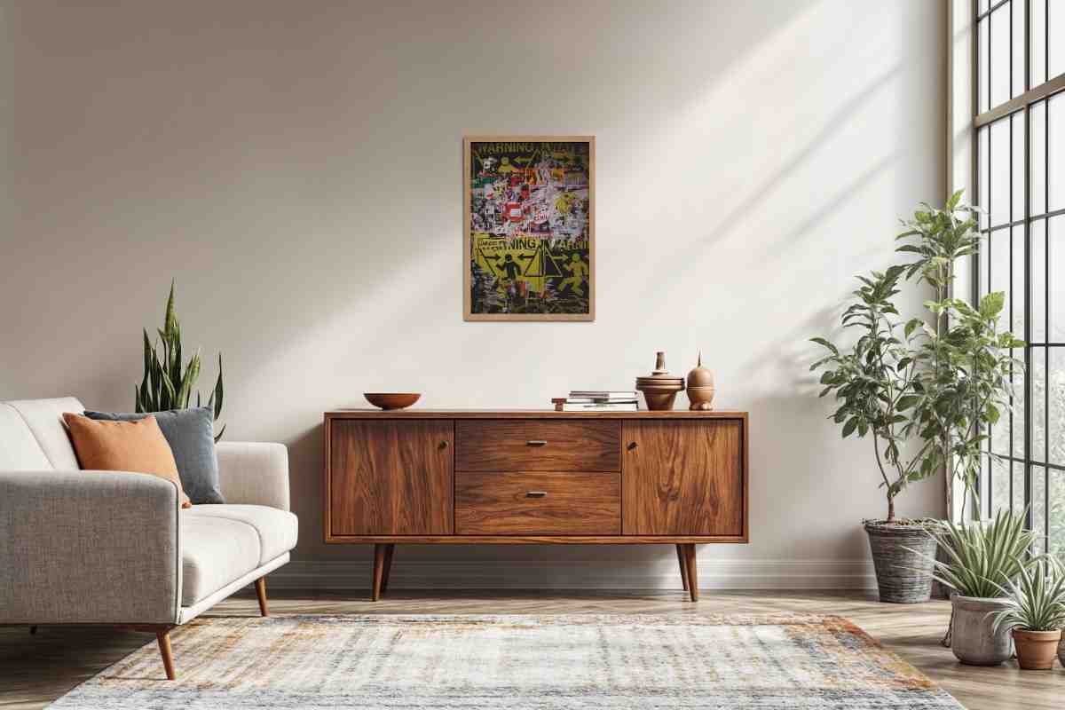 Living Room Sofa Preview of Warning Vibes – Graffiti Image Merge Wall Art Frame in Natrual Color Frame