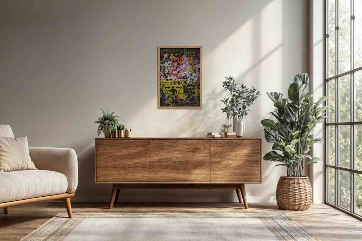 Living Room Cabinet Preview of Warning Vibes – Graffiti Image Merge Wall Art Frame in Natrual Color Frame