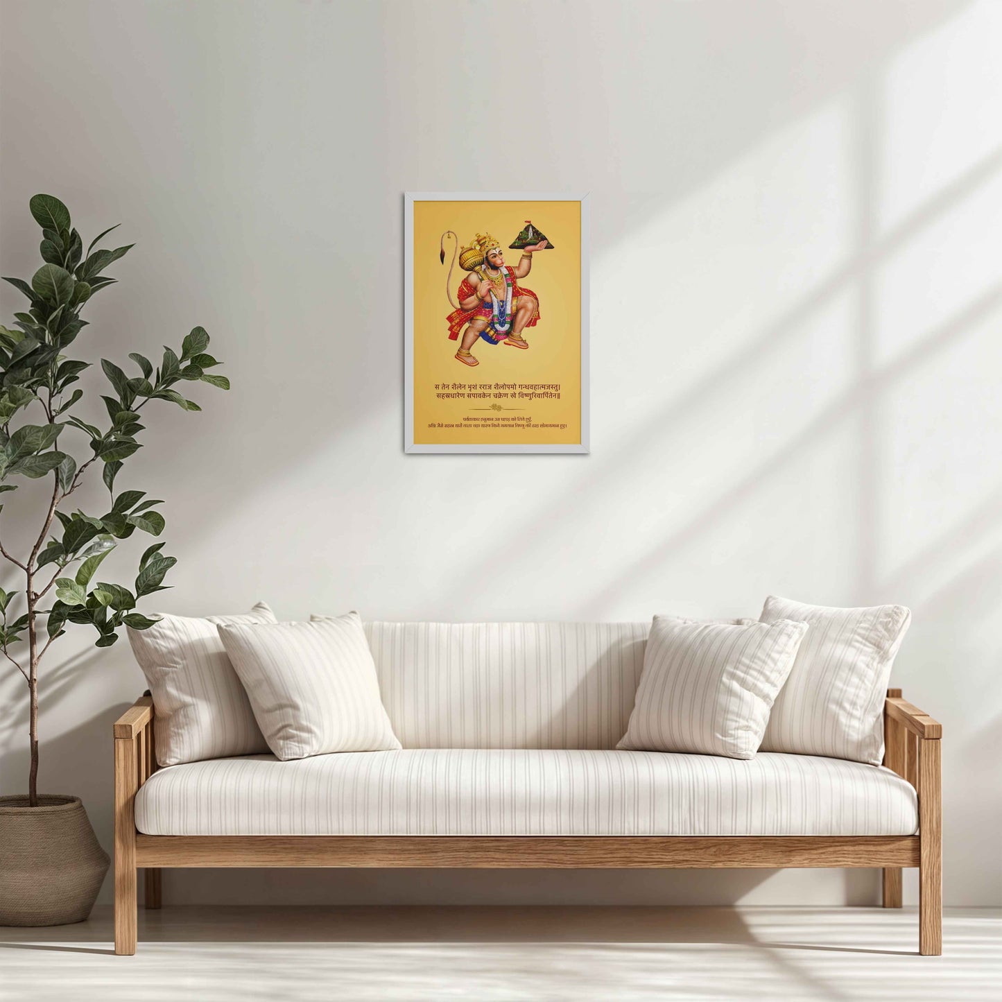 Living Room Cabinet Table Preview of Mighty Hanuman with Sanjeevani Mountain – Divine Strength Wall Art in White Color Frame