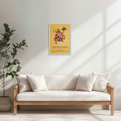 Living Room Cabinet Table Preview of Mighty Hanuman with Sanjeevani Mountain – Divine Strength Wall Art in White Color Frame