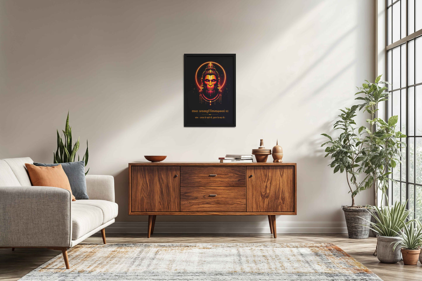 Living Room Sofa Preview of Lord Hanuman Wall Frame & Decor – Peace in Effort, Power in Devotion in Black Color Frame