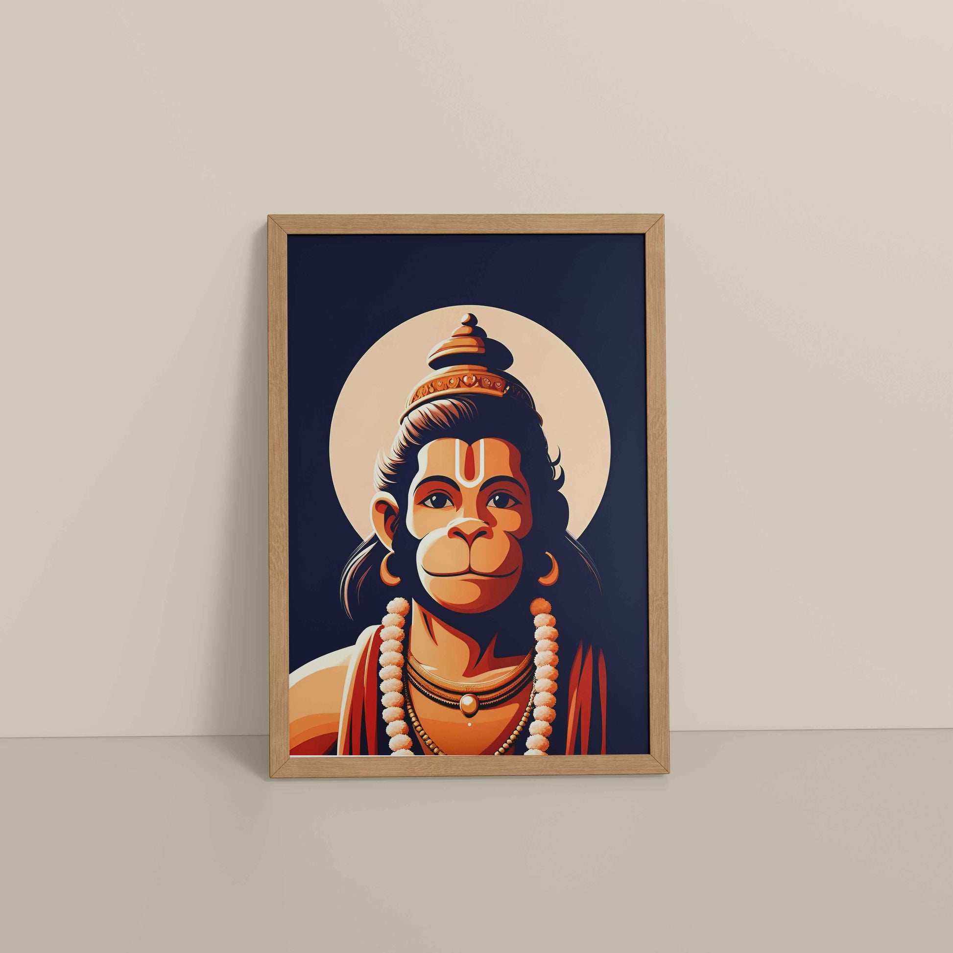 Floor View of Hanuman : The Power of Bhakti, Strength & Protection - Wall Frame & Art in Natrual Color Frame