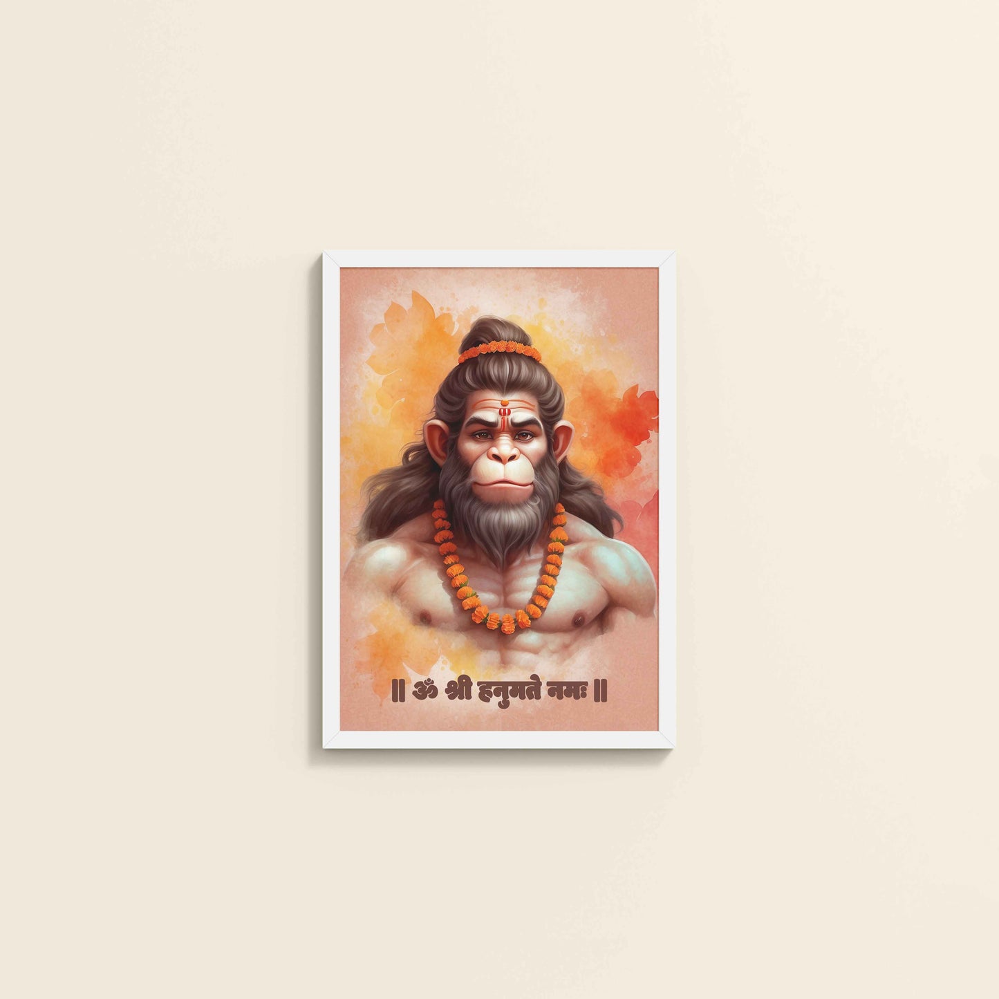Wall View of Devotional Hanuman Wall Art– Featuring Om Shree Hanumate Namah in White Color Frame