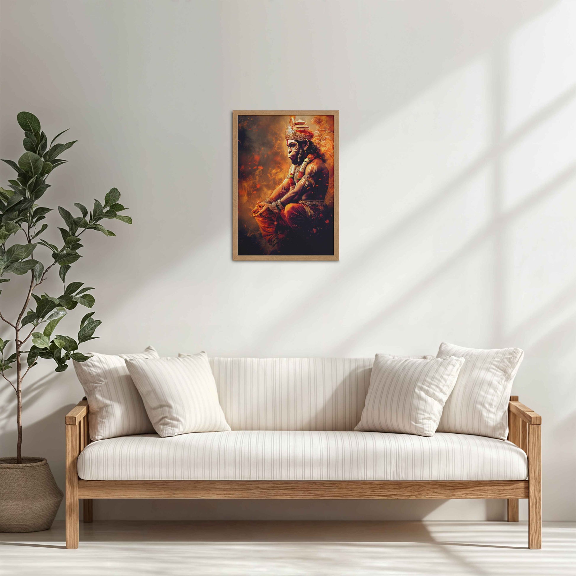 Living Room Cabinet Table Preview of Sacred Mahabali Hanuman Wall Frame & Artwork in Natrual Color Frame