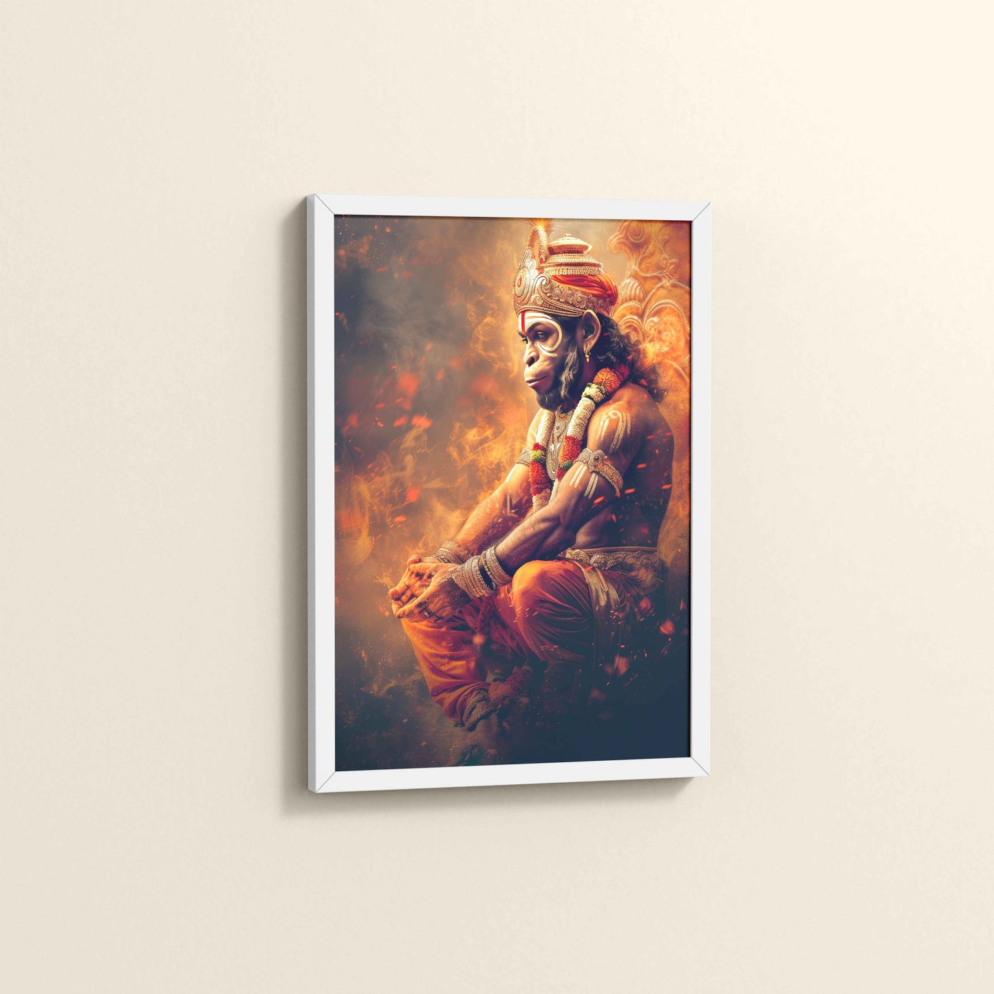Side View of Sacred Mahabali Hanuman Wall Frame & Artwork in White Color Frame