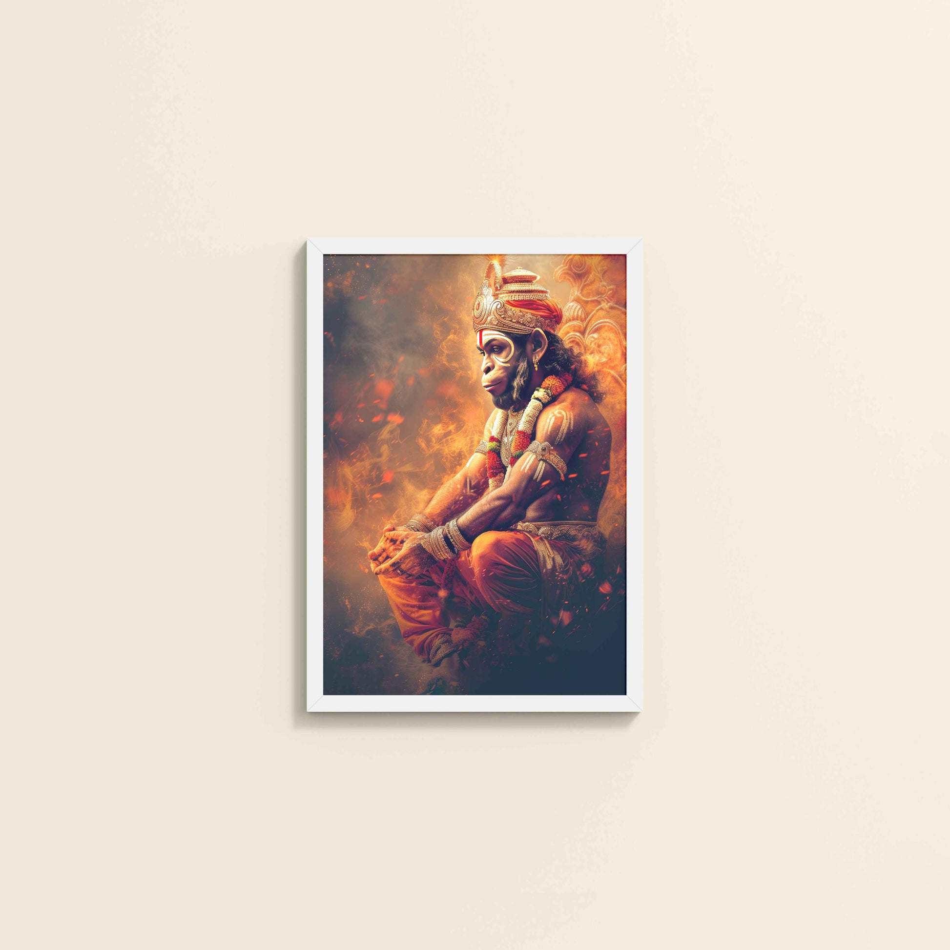 Wall View of Sacred Mahabali Hanuman Wall Frame & Artwork in White Color Frame