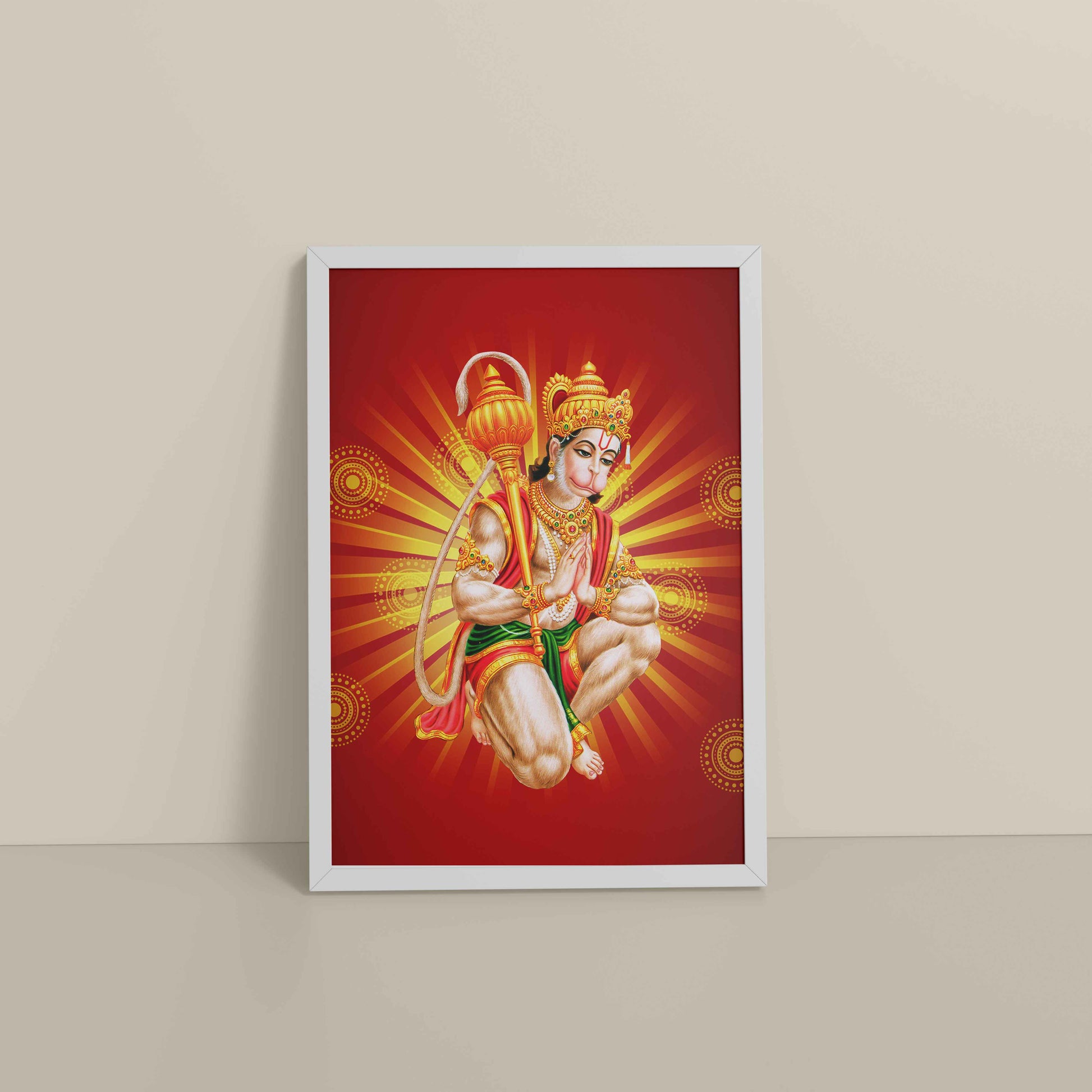 Floor View of Divine Lord Hanuman Wall Frame – Hindu God Wall Decor in White Color Frame
