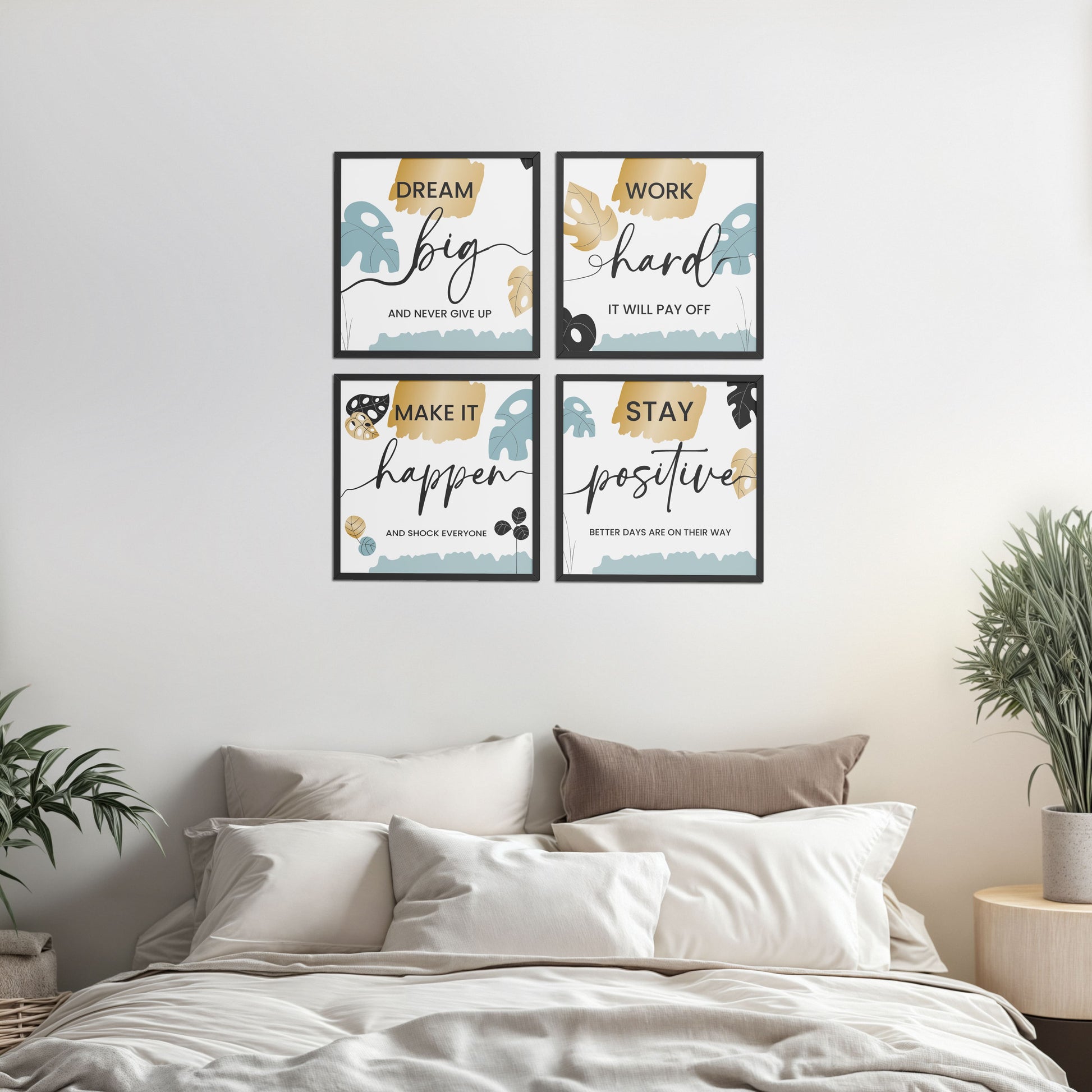 Bed Room Preview of Work Hard & Stay Positive Wall Art Set of 4 Collections in Black Color Frame