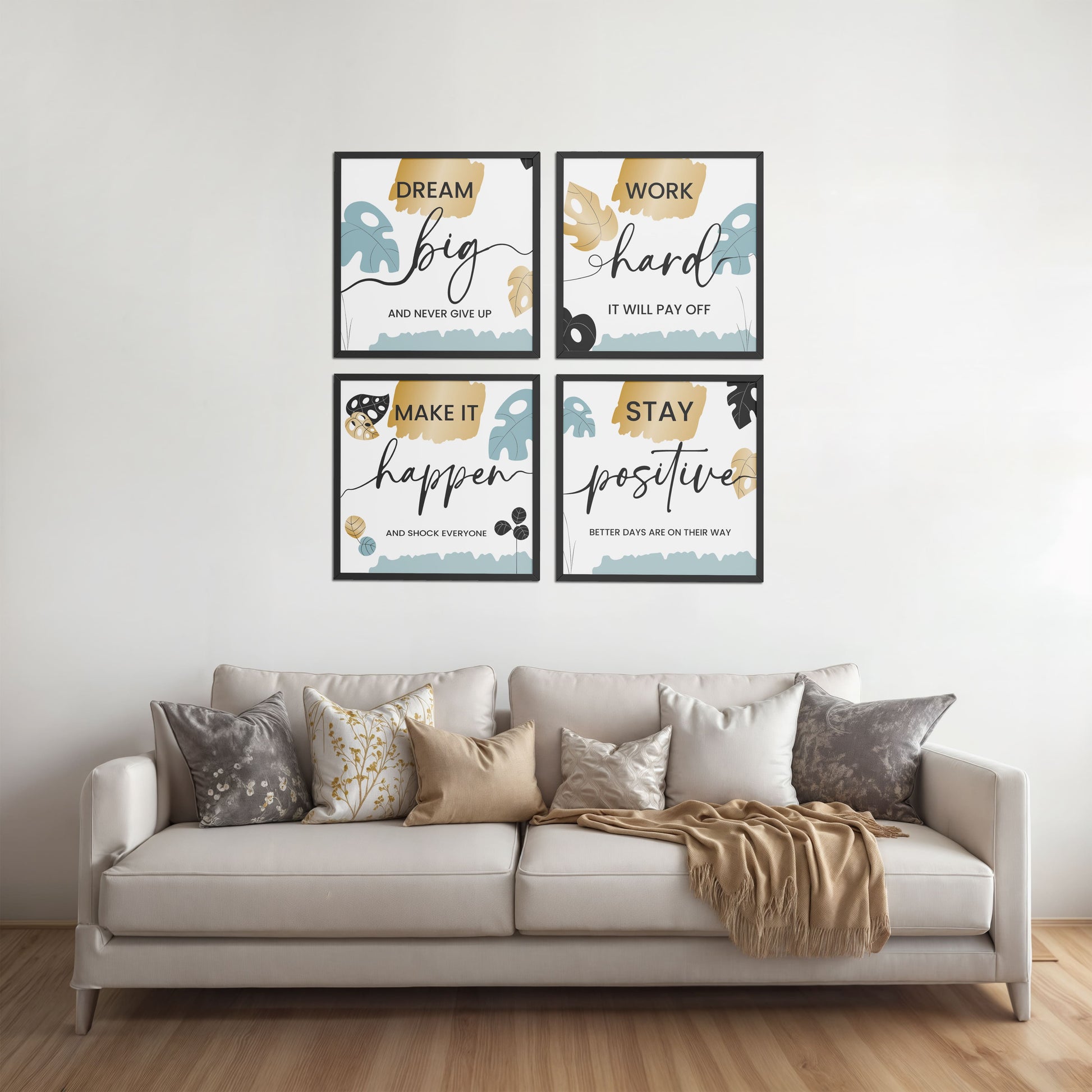 Living Room Sofa Preview of Work Hard & Stay Positive Wall Art Set of 4 Collections in Black Color Frame