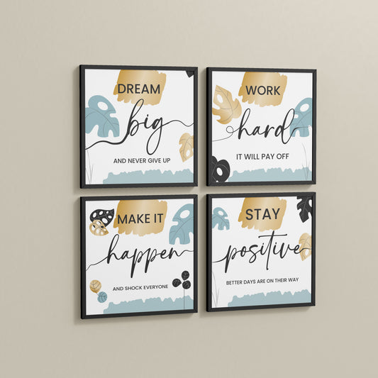 Side View of Work Hard & Stay Positive Wall Art Set of 4 Collections in Black Color Frame