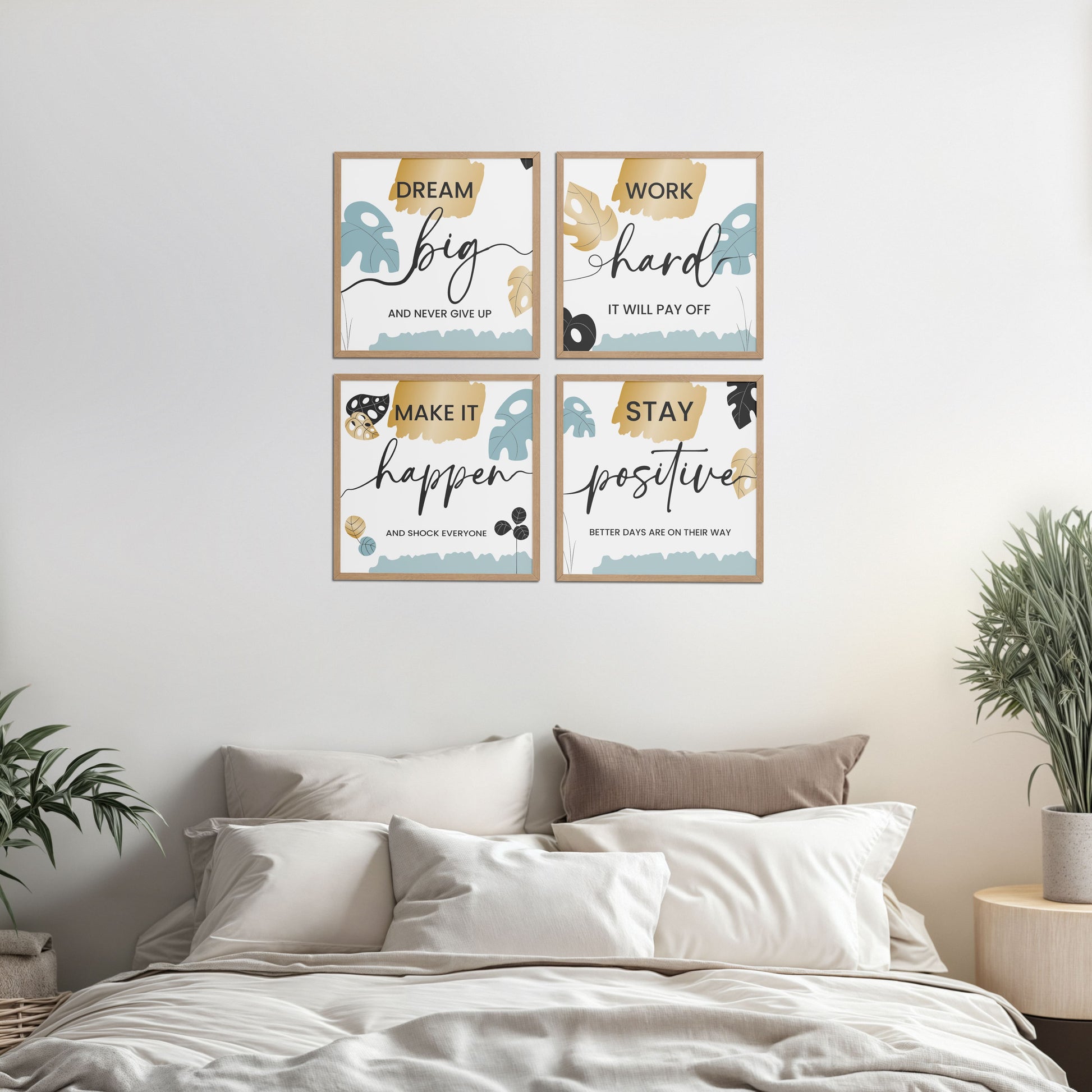 Bed Room Preview of Work Hard & Stay Positive Wall Art Set of 4 Collections in Natrual Color Frame