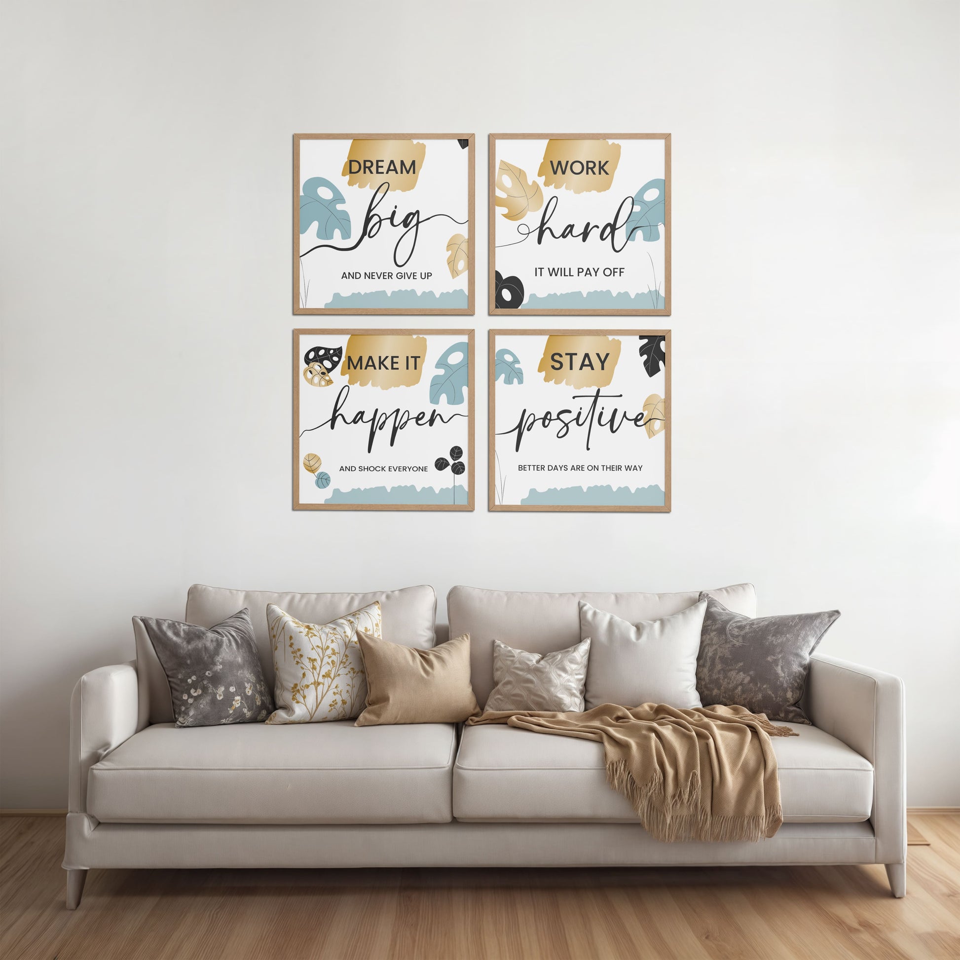 Living Room Sofa Preview of Work Hard & Stay Positive Wall Art Set of 4 Collections in Natrual Color Frame