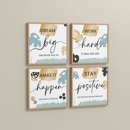 Side View of Work Hard & Stay Positive Wall Art Set of 4 Collections in Natrual Color Frame