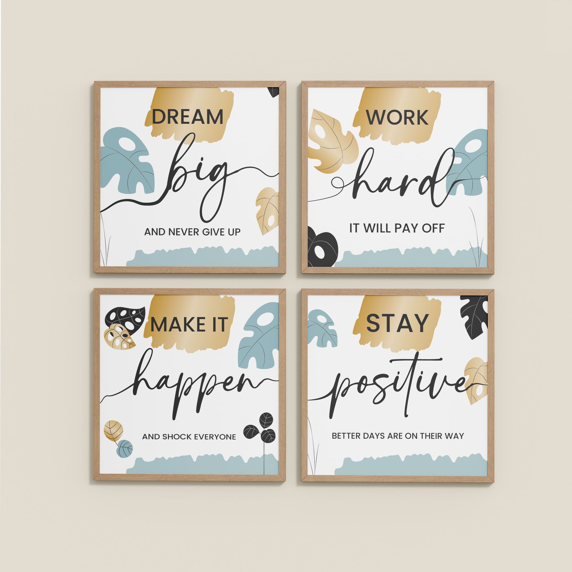 Wall View of Work Hard & Stay Positive Wall Art Set of 4 Collections in Natrual Color Frame