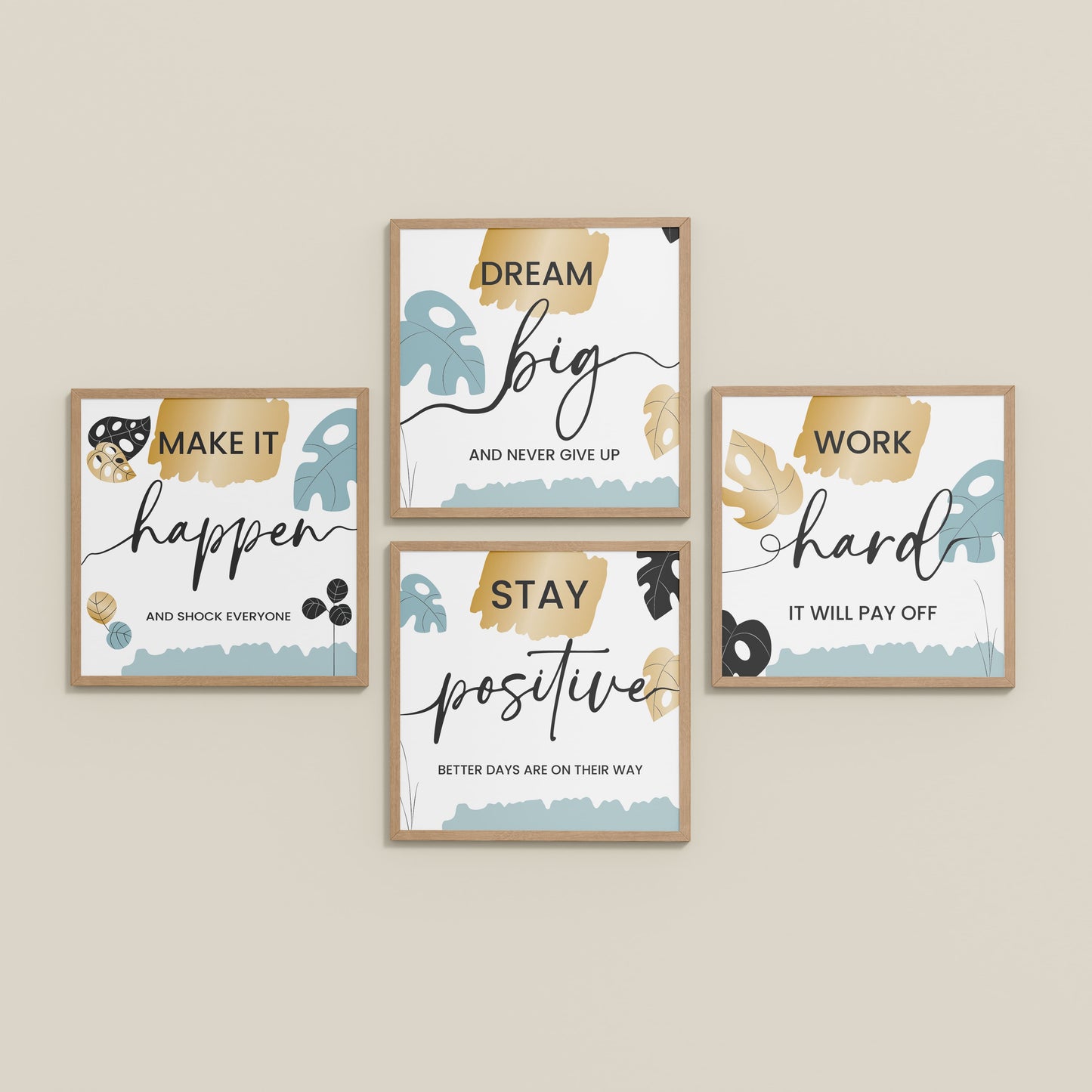 Inclined Floor View of Work Hard & Stay Positive Wall Art Set of 4 Collections in Natrual Color Frame