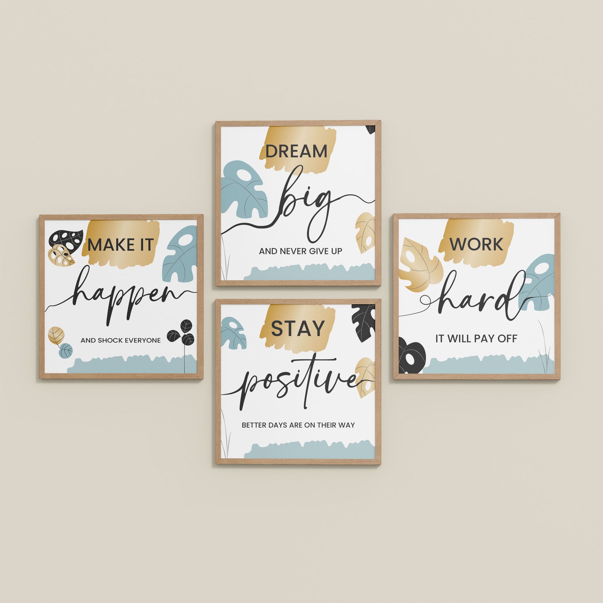 Inclined Floor View of Work Hard & Stay Positive Wall Art Set of 4 Collections in Natrual Color Frame
