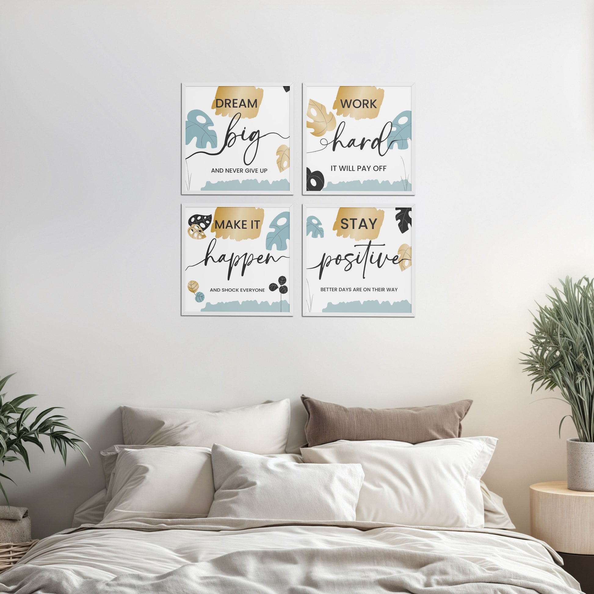 Bed Room Preview of Work Hard & Stay Positive Wall Art Set of 4 Collections in White Color Frame