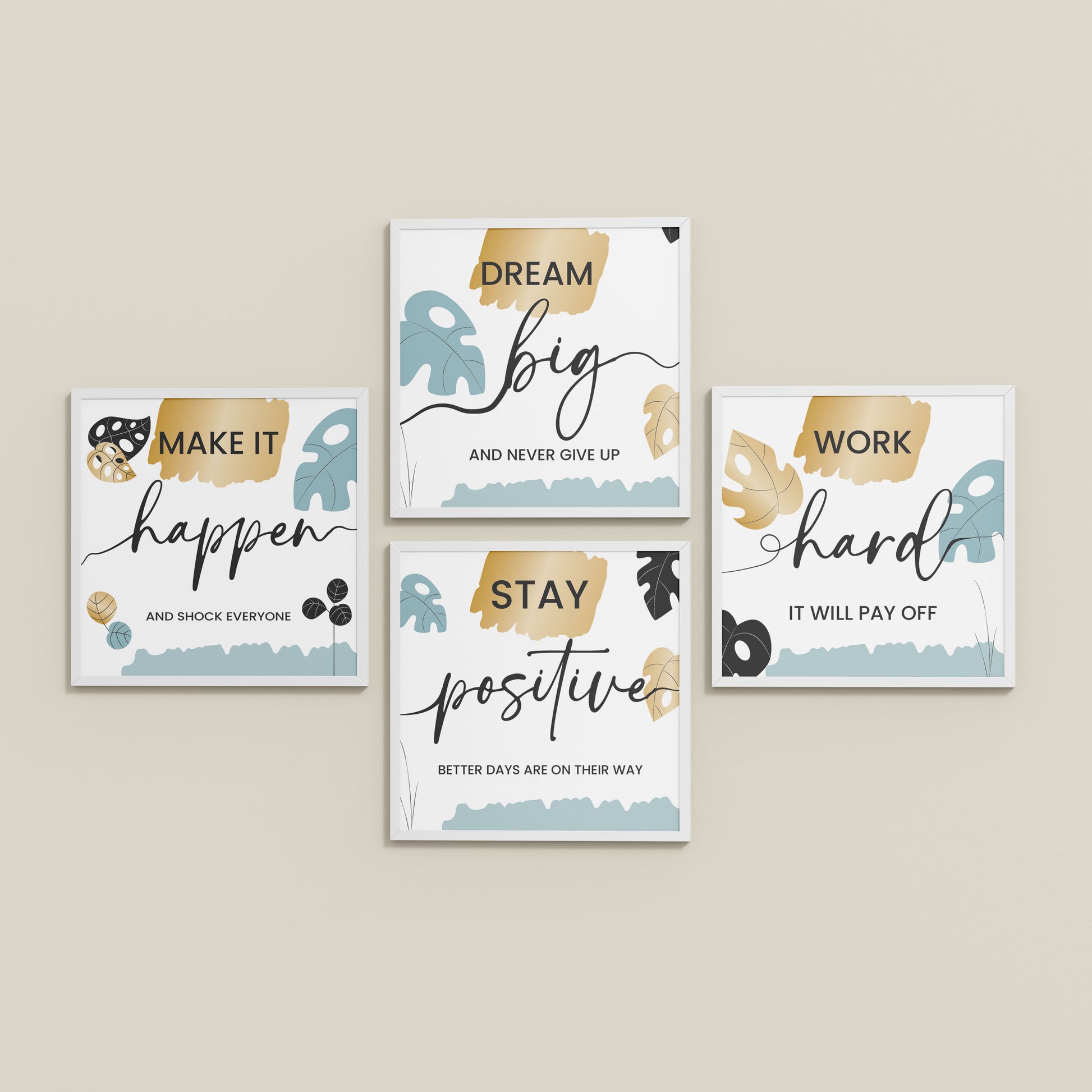 Inclined Floor View of Work Hard & Stay Positive Wall Art Set of 4 Collections in White Color Frame