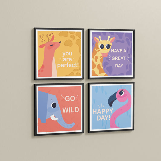 Side View of Go Wild with Joy Motivational Set of 4 Frames in Black Color Frame