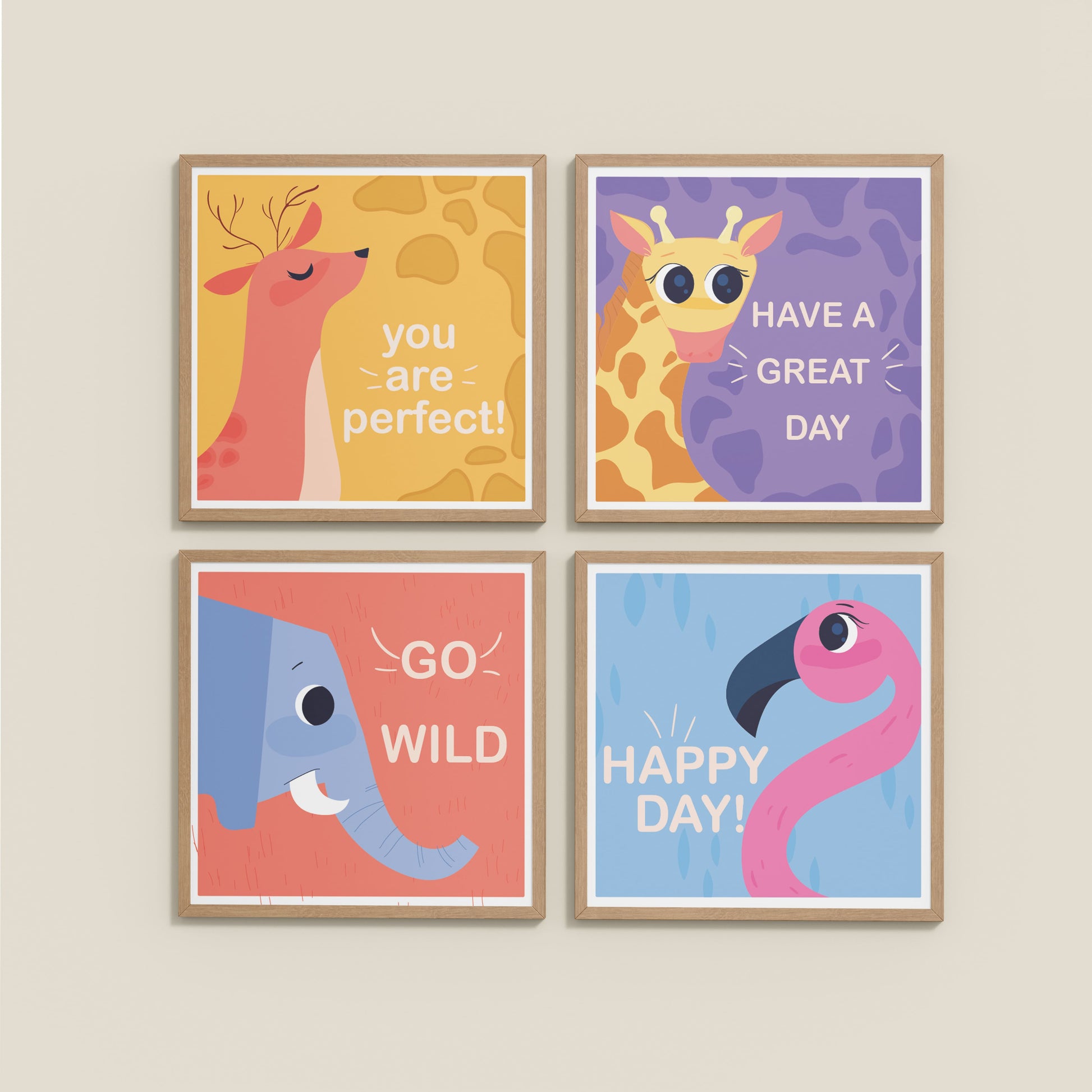 Wall View of Go Wild with Joy Motivational Set of 4 Frames in Natrual Color Frame