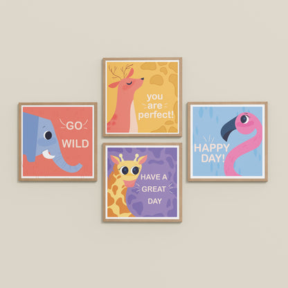 Inclined Floor View of Go Wild with Joy Motivational Set of 4 Frames in Natrual Color Frame