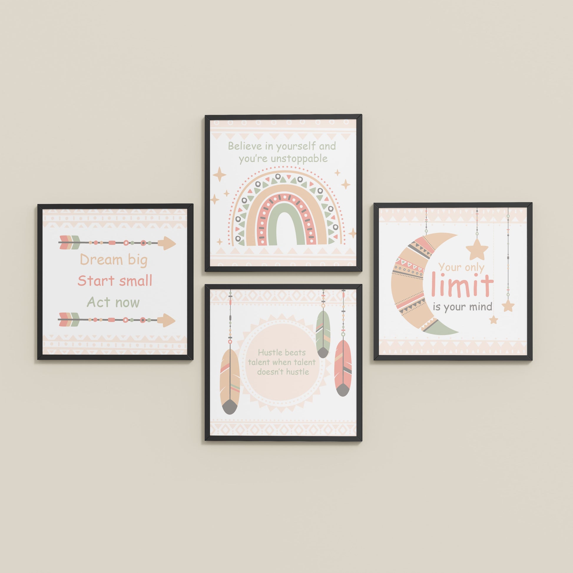 Inclined Floor View of Dream, Hustle, Believe – Inspirational Quote Frame Set of 4 in Black Color Frame