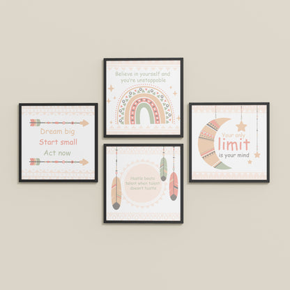 Inclined Floor View of Dream, Hustle, Believe – Inspirational Quote Frame Set of 4 in Black Color Frame