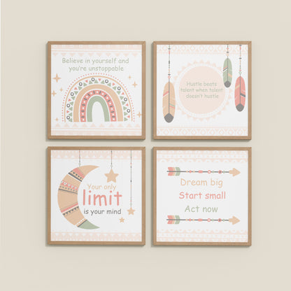 Wall View of Dream, Hustle, Believe – Inspirational Quote Frame Set of 4 in Natrual Color Frame