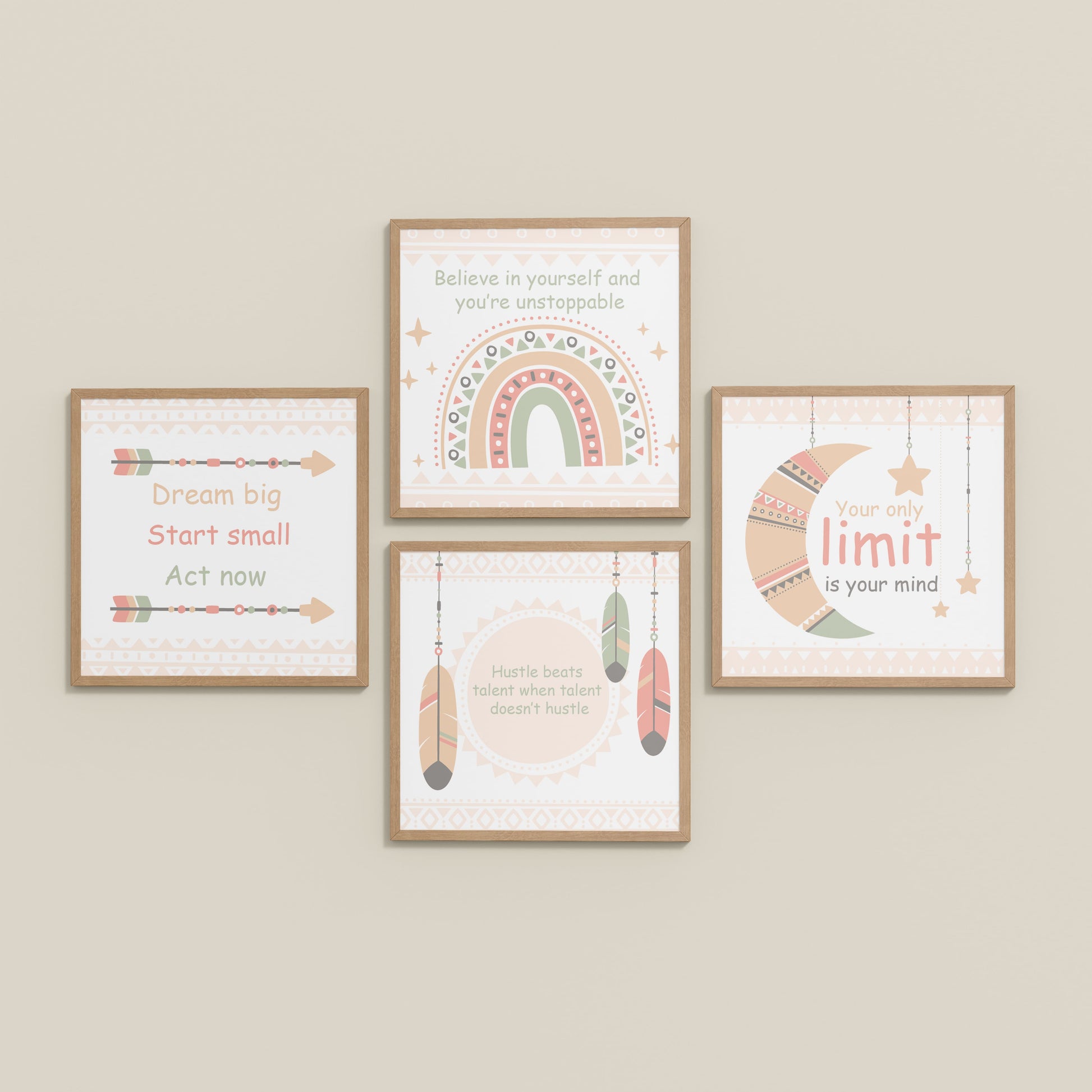 Inclined Floor View of Dream, Hustle, Believe – Inspirational Quote Frame Set of 4 in Natrual Color Frame