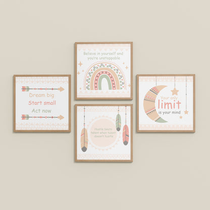 Inclined Floor View of Dream, Hustle, Believe – Inspirational Quote Frame Set of 4 in Natrual Color Frame
