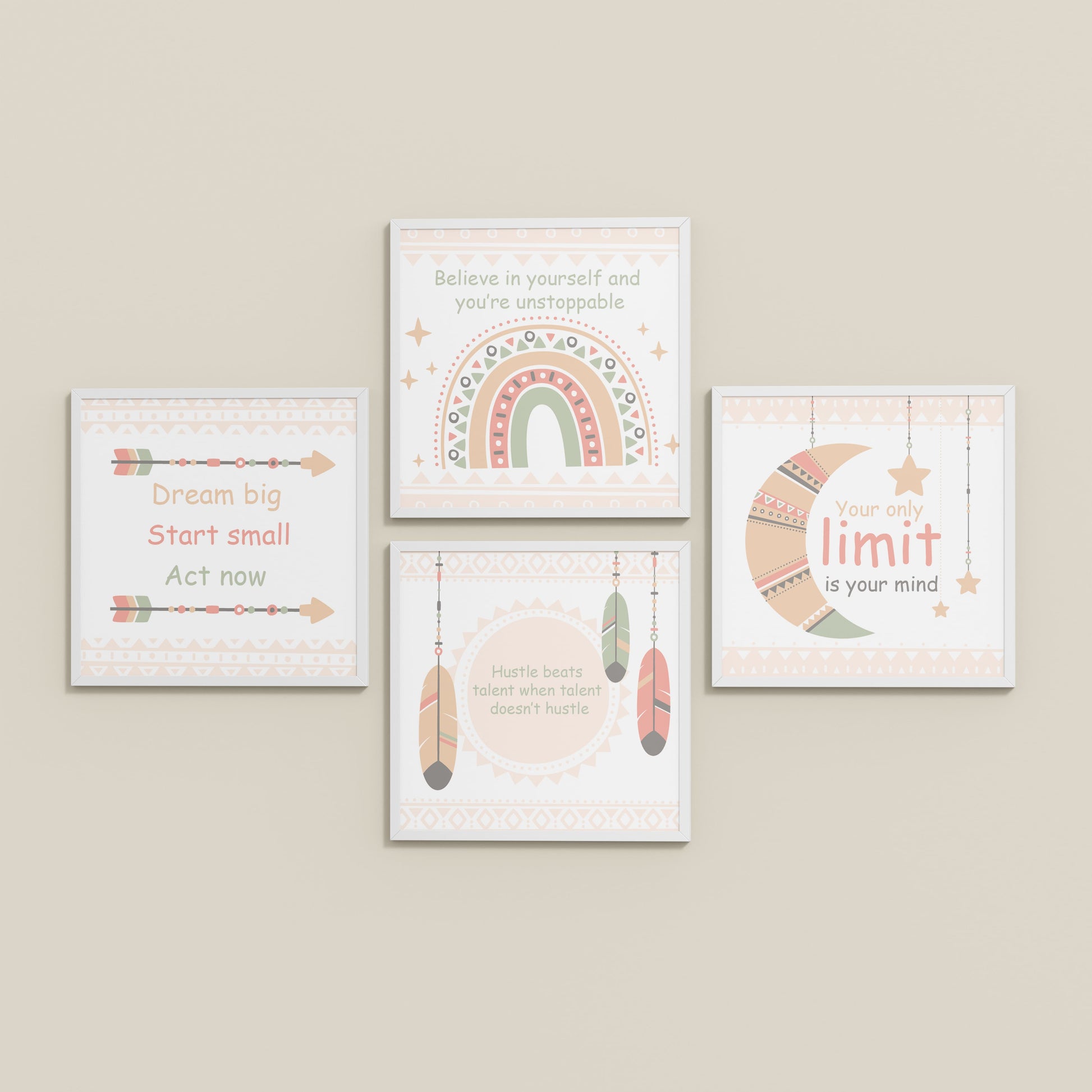 Inclined Floor View of Dream, Hustle, Believe – Inspirational Quote Frame Set of 4 in White Color Frame