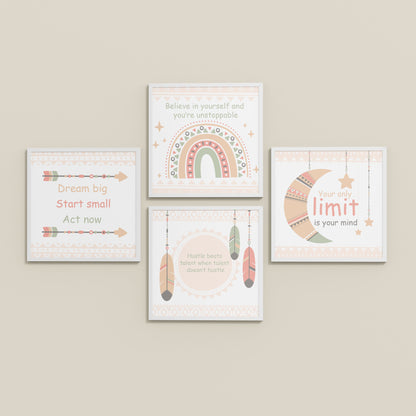 Inclined Floor View of Dream, Hustle, Believe – Inspirational Quote Frame Set of 4 in White Color Frame