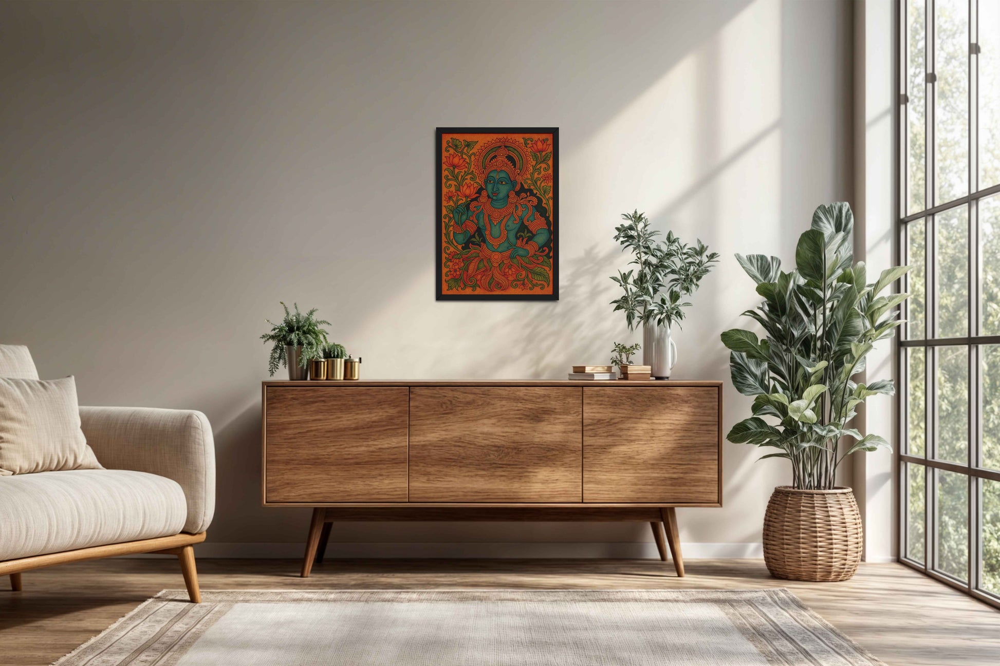 Living Room Cabinet Preview of Divine Grace: Kerala Mural Art Wall Decor in Black Color Frame
