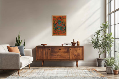 Living Room Sofa Preview of Divine Grace: Kerala Mural Art Wall Decor in Natrual Color Frame