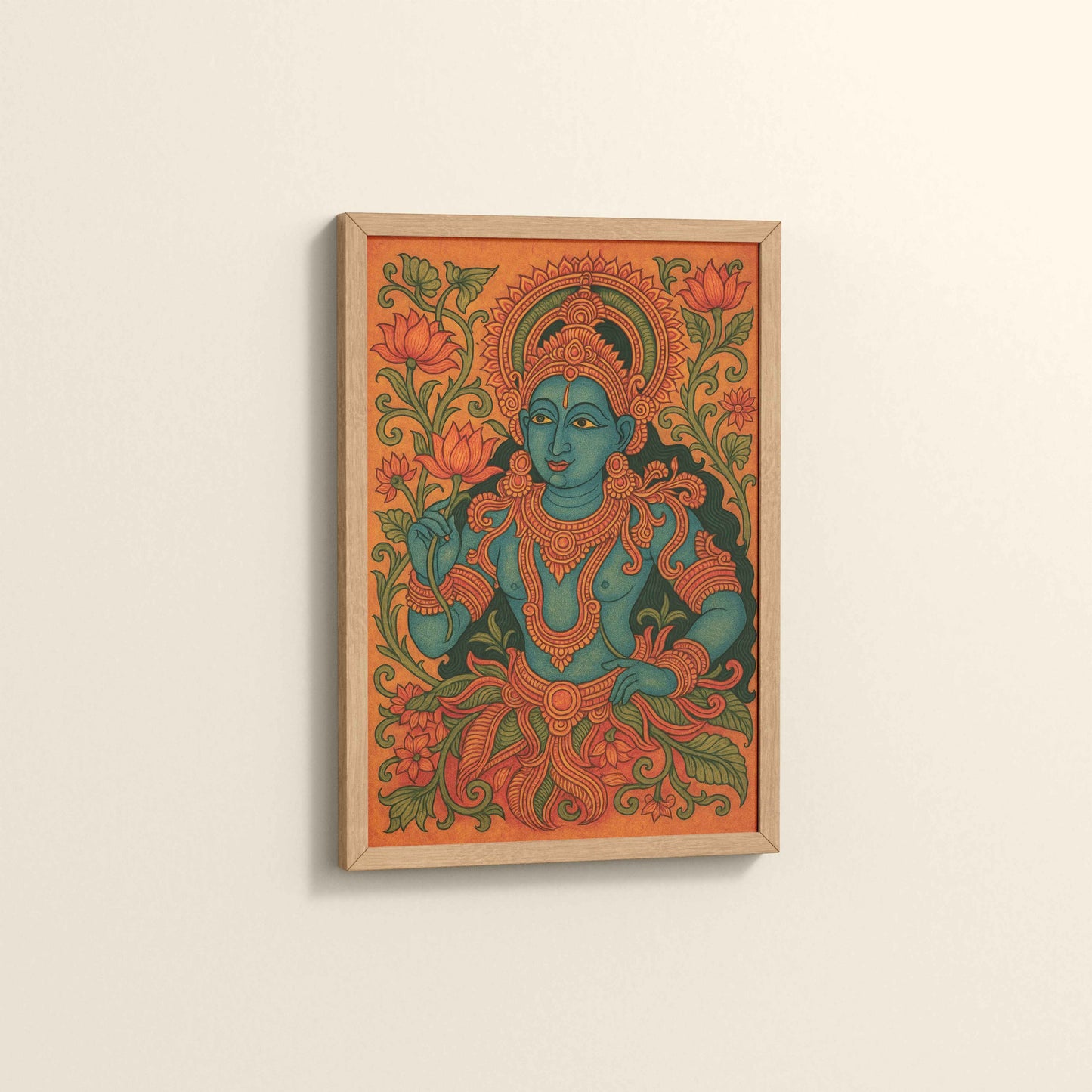 Side View of Divine Grace: Kerala Mural Art Wall Decor in Natrual Color Frame