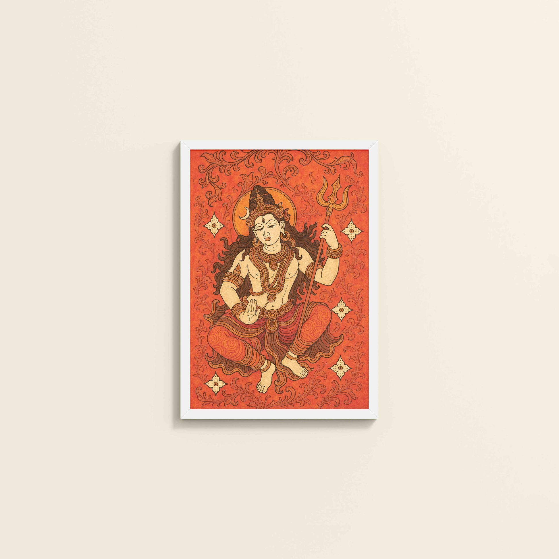 Wall View of Shiva Shakti – Kerala Mural Art of Lord Shiva in White Color Frame