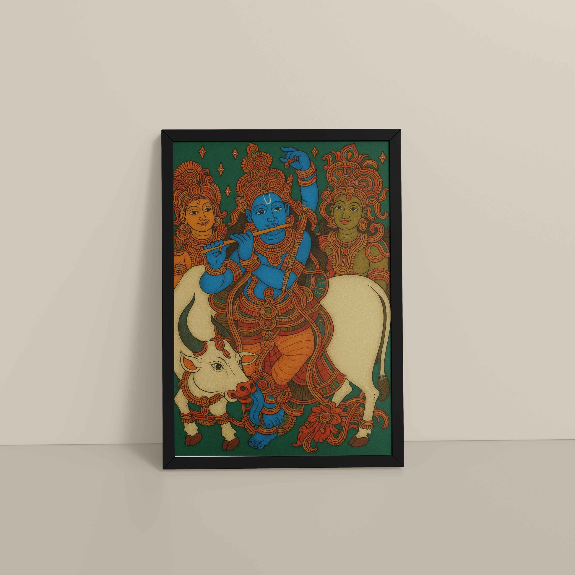 Floor View of Divine Protector – Govardhangiri Krishna Mural Painting in Black Color Frame