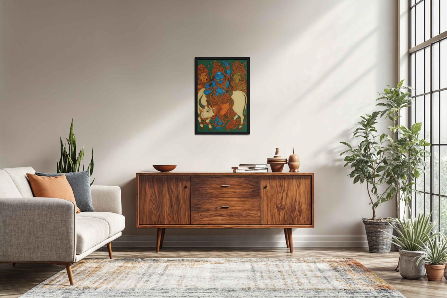 Living Room Sofa Preview of Divine Protector – Govardhangiri Krishna Mural Painting in Black Color Frame